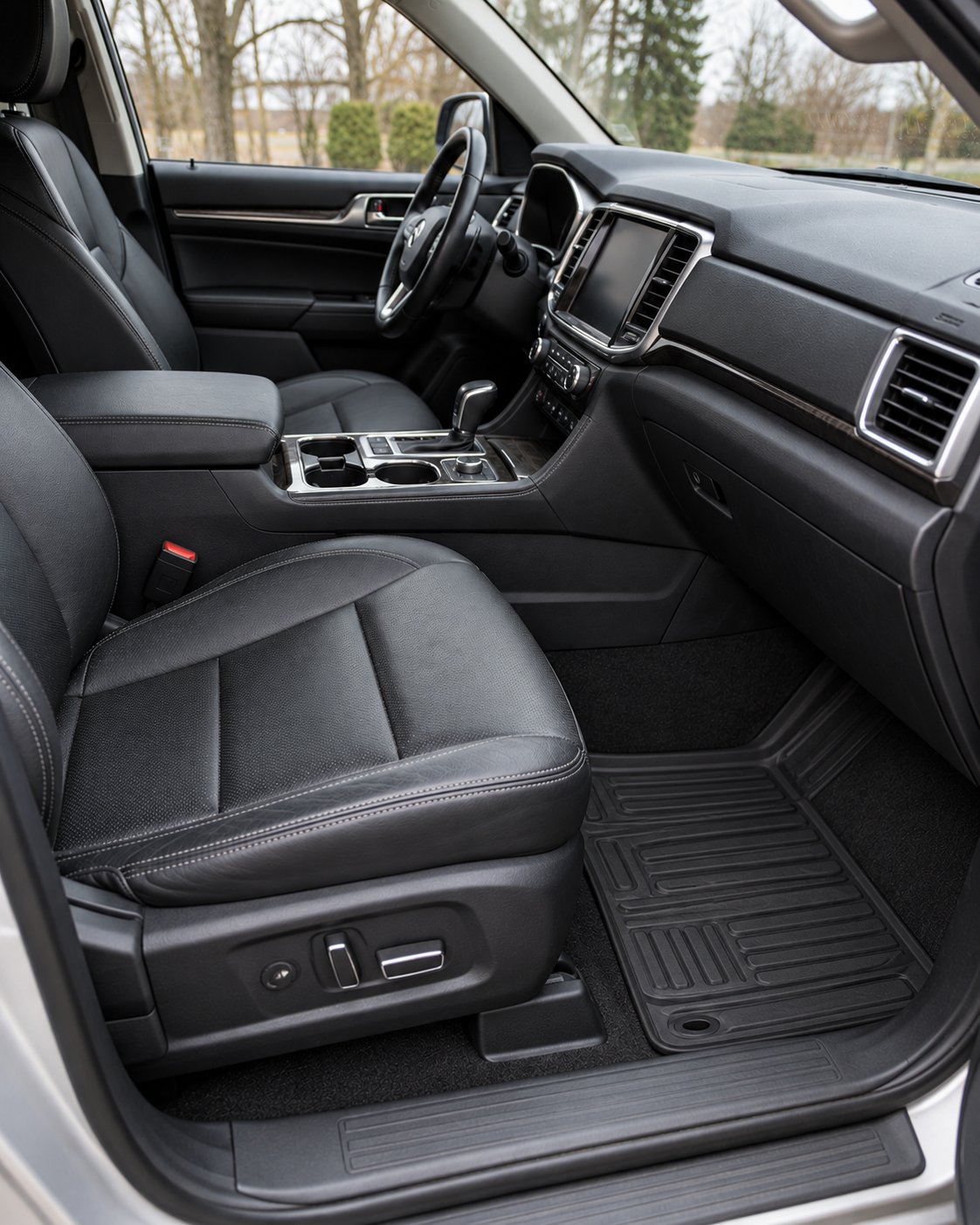 The same SUV interior after detailing: clean leather seats, spotless console and a deep black floor mat