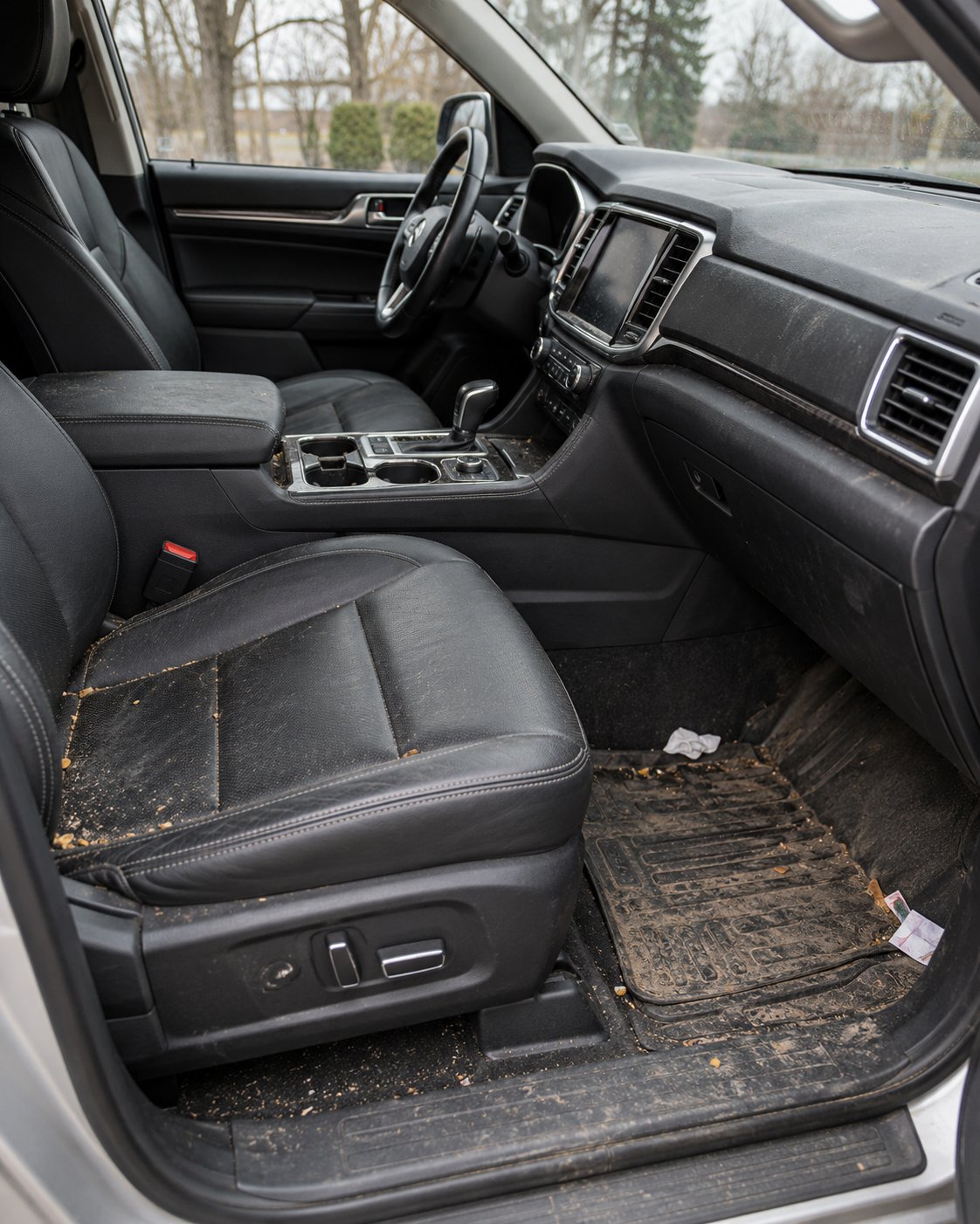 Dusty SUV interior with crumbs on the leather seat, mud on the floor mat and litter in the footwell